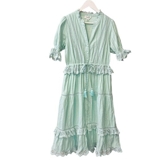 Allison New York Mint Green Crochet Eyelet Tiered Cotton Midi Dress size M - Picture 1 of 7